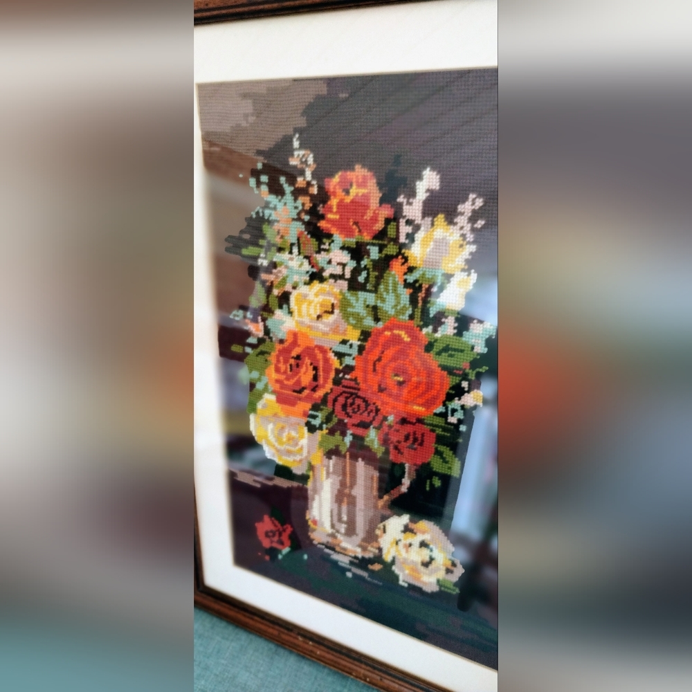 Vintage English Tapestry Red Yellow Pink Roses in Vase/ Vase with Flowers.